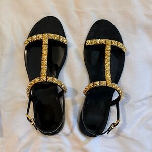 Stuart Weitzman Black and Gold Studded Sandals (Jelrose Open Toe Sandal)